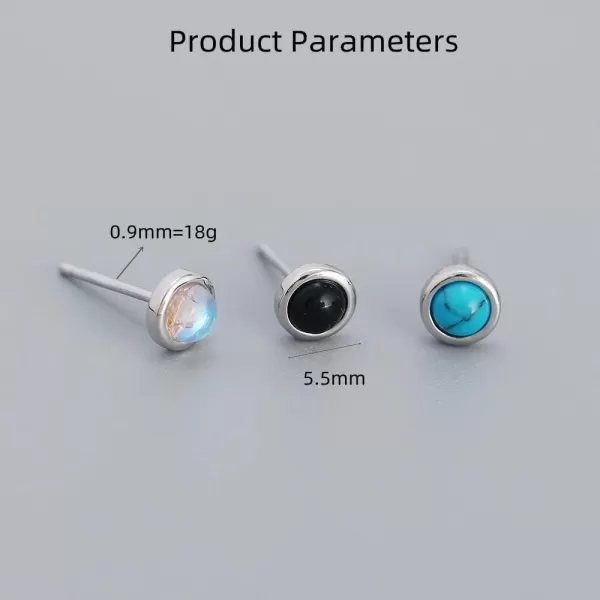 Hypoallergenic Bezel Earrings 925 Sterling Silver White Gold Tiny Small Round Moonstone Turquoise Agate Stud Earring for Women Girls 18G Sensitive Piercing Ear Cartilage Tragus Post Minimalist Birthstone JewelryMoon Stone