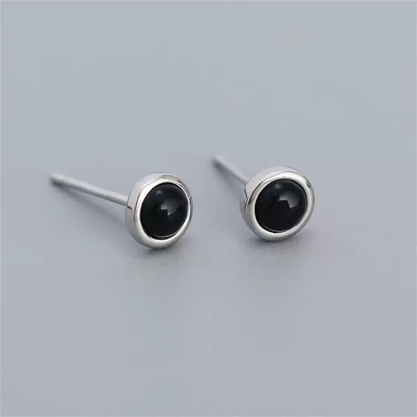 Hypoallergenic Bezel Earrings 925 Sterling Silver White Gold Tiny Small Round Moonstone Turquoise Agate Stud Earring for Women Girls 18G Sensitive Piercing Ear Cartilage Tragus Post Minimalist Birthstone JewelryBlack Agate