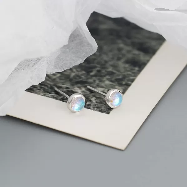 Hypoallergenic Bezel Earrings 925 Sterling Silver White Gold Tiny Small Round Moonstone Turquoise Agate Stud Earring for Women Girls 18G Sensitive Piercing Ear Cartilage Tragus Post Minimalist Birthstone JewelryMoon Stone