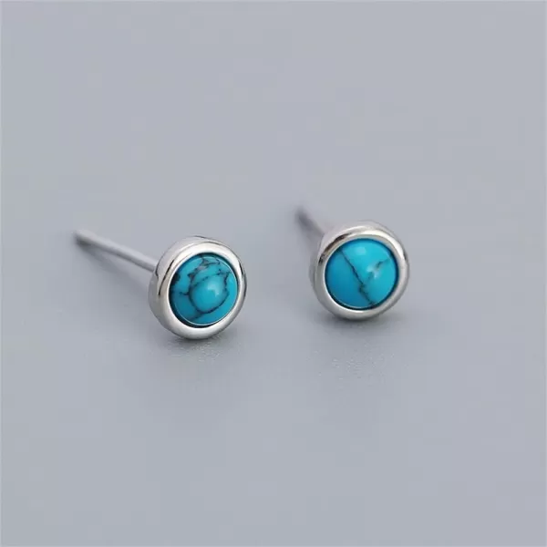Hypoallergenic Bezel Earrings 925 Sterling Silver White Gold Tiny Small Round Moonstone Turquoise Agate Stud Earring for Women Girls 18G Sensitive Piercing Ear Cartilage Tragus Post Minimalist Birthstone JewelryTurquoise