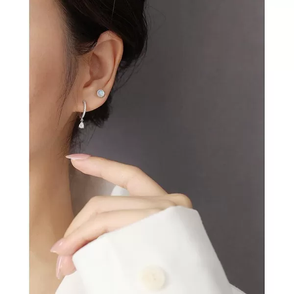 Hypoallergenic Bezel Earrings 925 Sterling Silver White Gold Tiny Small Round Moonstone Turquoise Agate Stud Earring for Women Girls 18G Sensitive Piercing Ear Cartilage Tragus Post Minimalist Birthstone JewelryMoon Stone