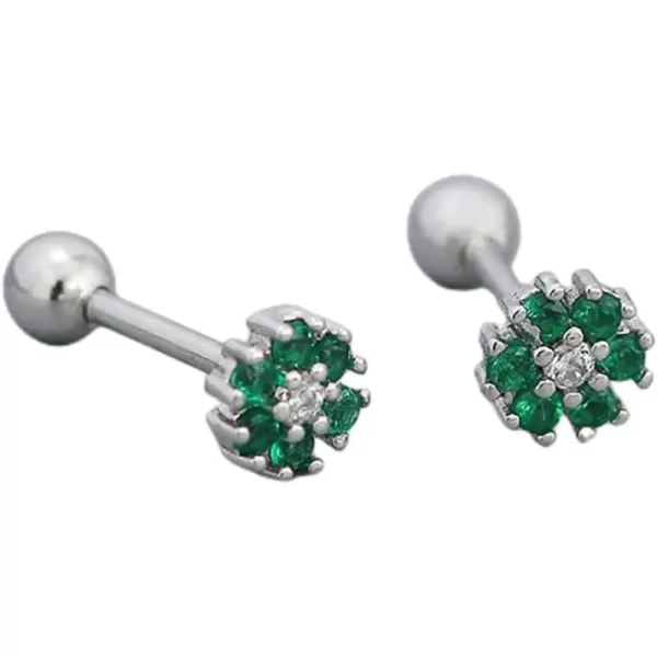 18G Tiny CZ Flower Ball Cartilage Stud Earrings 925 Sterling Silver for Women Girls Hypoallergenic for Sensitive Piercing Ear Cute Small Crystal Snowflake Studs Screw Back Tragus Post Dainty JewelryGreen CZ
