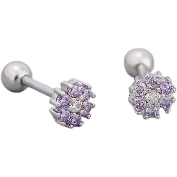 18G Tiny CZ Flower Ball Cartilage Stud Earrings 925 Sterling Silver for Women Girls Hypoallergenic for Sensitive Piercing Ear Cute Small Crystal Snowflake Studs Screw Back Tragus Post Dainty JewelryAmethyst