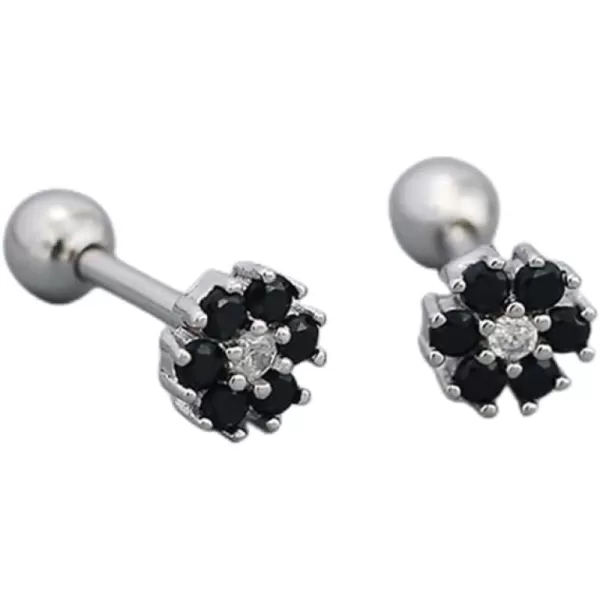 18G Tiny CZ Flower Ball Cartilage Stud Earrings 925 Sterling Silver for Women Girls Hypoallergenic for Sensitive Piercing Ear Cute Small Crystal Snowflake Studs Screw Back Tragus Post Dainty JewelryBlack CZ