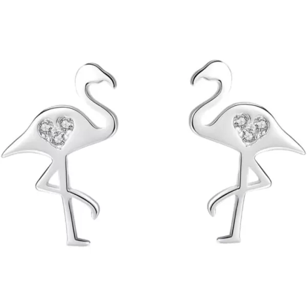 Dainty Flamingo Love Heart Bird Stud Earrings for Women Girls S925 Sterling Silver Cubic Zirconia Small Studs Valentine for Lover for GirlfriendClear