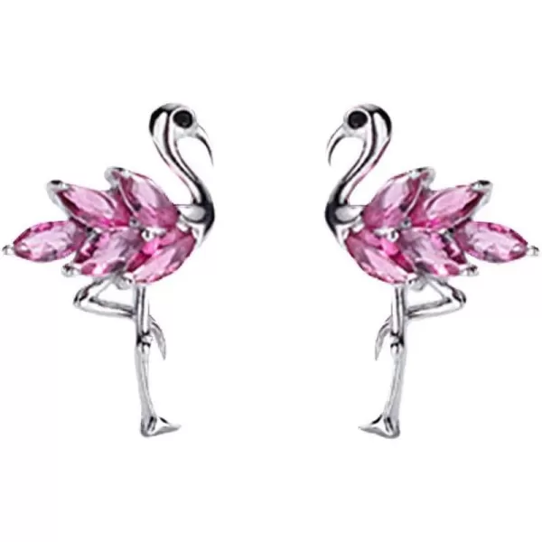 Dainty Flamingo Love Heart Bird Stud Earrings for Women Girls S925 Sterling Silver Cubic Zirconia Small Studs Valentine for Lover for GirlfriendPink
