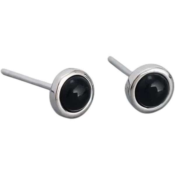 Hypoallergenic Bezel Earrings 925 Sterling Silver White Gold Tiny Small Round Moonstone Turquoise Agate Stud Earring for Women Girls 18G Sensitive Piercing Ear Cartilage Tragus Post Minimalist Birthstone JewelryBlack Agate