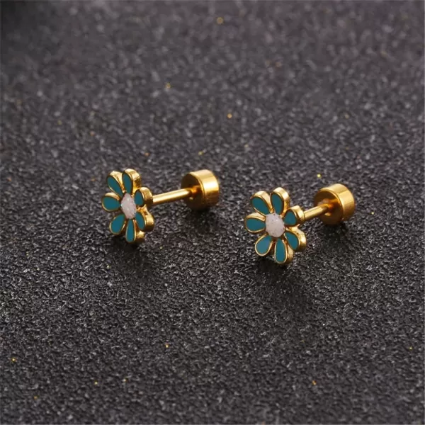 18G Cute Daisy Flower Stud Cartilage Earrings for Women Girls 14K Gold Plated Stainless Steel Enameled Dainty Screw Back Studs Sleeper Tragus Post Hypoallergenic Piercing Body JewelryBlue