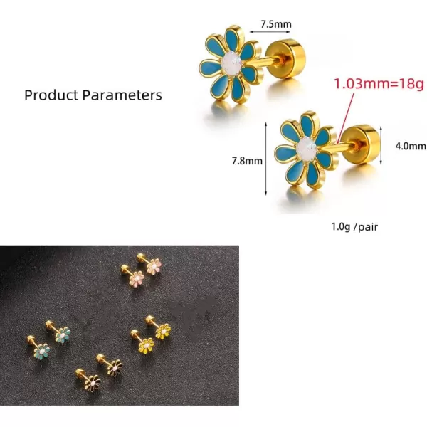 18G Cute Daisy Flower Stud Cartilage Earrings for Women Girls 14K Gold Plated Stainless Steel Enameled Dainty Screw Back Studs Sleeper Tragus Post Hypoallergenic Piercing Body JewelryPink