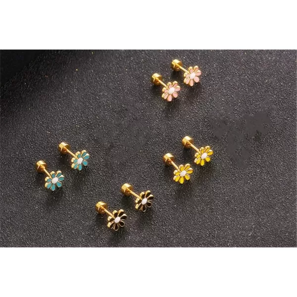 18G Cute Daisy Flower Stud Cartilage Earrings for Women Girls 14K Gold Plated Stainless Steel Enameled Dainty Screw Back Studs Sleeper Tragus Post Hypoallergenic Piercing Body JewelryBlack