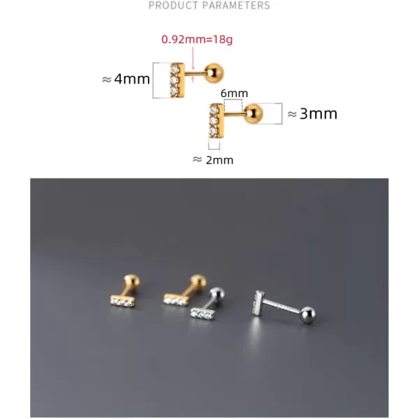18g Mini CZ Bar Earrings Sterling Silver for Women Girls 14K Gold Plated Minimalist Tiny Short Bars Barbell 3mm Ball Stud Tragus Post Screw Back Hypoallergenic Dainty Piercing Body Jewelry Nickel FreeSilver