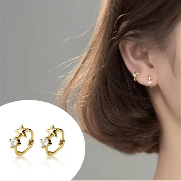18g Tiny Star Hoop Earrings 925 Sterling Silver CZ Small Hoops Cuff Cartilage for Women Girls Hypoallergenic Cubic Zirconia Huggie Sleeper Piercing Jewelry Dainty Cute Gifts for Daughter Niece 8mmGold