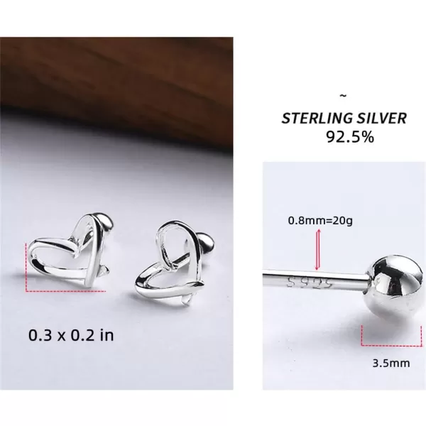 20g Minimalist Heart Sterling Silver Earrings for Women Girls Teens Charm Hollow Love Hearted Stud Tiny Small Ball Cartilage Tragus Screw Back Post Hypoallergenic Pierced Ear Jewelry Dainty Giftssilver