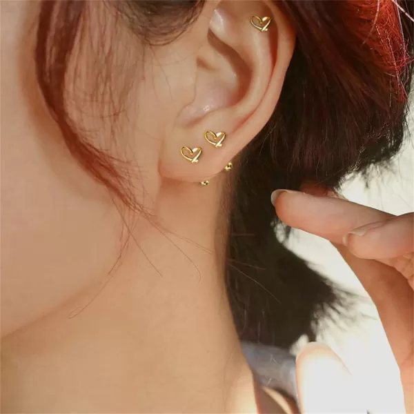 20g Minimalist Heart Sterling Silver Earrings for Women Girls Teens Charm Hollow Love Hearted Stud Tiny Small Ball Cartilage Tragus Screw Back Post Hypoallergenic Pierced Ear Jewelry Dainty Giftsgold