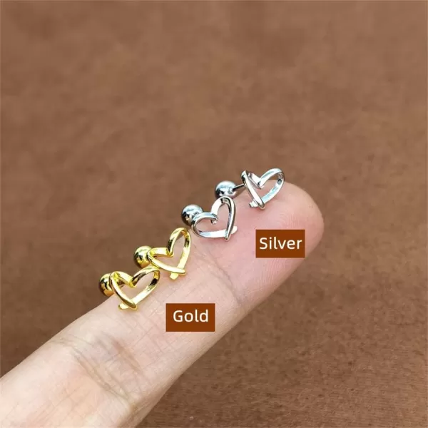 20g Minimalist Heart Sterling Silver Earrings for Women Girls Teens Charm Hollow Love Hearted Stud Tiny Small Ball Cartilage Tragus Screw Back Post Hypoallergenic Pierced Ear Jewelry Dainty Giftssilver