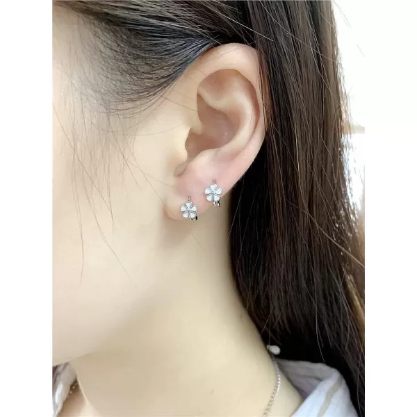 6mm Tiny Cute Flower Hoop Sterling Silver Mini Small Cartilage Hoop Earrings for Women Girls Teens Hypoallergenic Dainty White Enameled Daisy Flowers 18g Piercing Huggie HoopsSilver