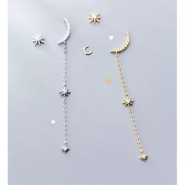 925 Sterling Silver CZ Stud Earrings for Women Girls Cubic Zirconia Asymmetrical Star Moon Tassel Chain Dangle Drop Studs Tragus Post Pin Long Earrings Hypoallergenic Crescent JewelryGold Plated 14K