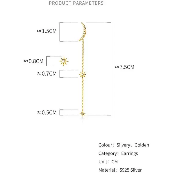 925 Sterling Silver CZ Stud Earrings for Women Girls Cubic Zirconia Asymmetrical Star Moon Tassel Chain Dangle Drop Studs Tragus Post Pin Long Earrings Hypoallergenic Crescent JewelryGold Plated 14K
