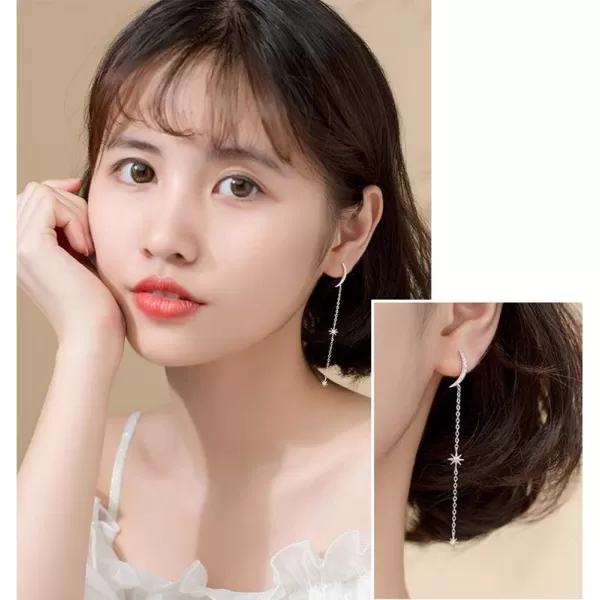 925 Sterling Silver CZ Stud Earrings for Women Girls Cubic Zirconia Asymmetrical Star Moon Tassel Chain Dangle Drop Studs Tragus Post Pin Long Earrings Hypoallergenic Crescent JewelryGold Plated 14K