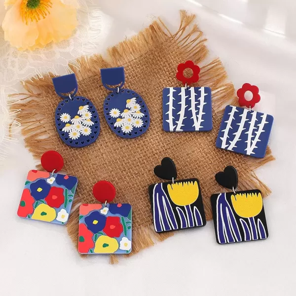 Acrylic Geometric Flower Dangle Earrings for Women Girls Hypoallergenic Lightweight Resin Geometrical Love Heart Floral Statement Drop Dangling Studs Earring Fashion Y2K JewelryColorful