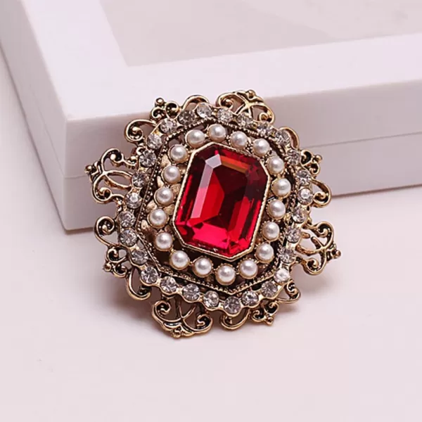 Antique Rhinestone Brooch Pin for Women Girls Gold Tone Vintage Baroque Rectangle Crystal Shell Pearl Boho Victorian Style Brooches Lapel Pins Elegant Wedding Christmas Festival Ornament Jewelry GiftRed CZ