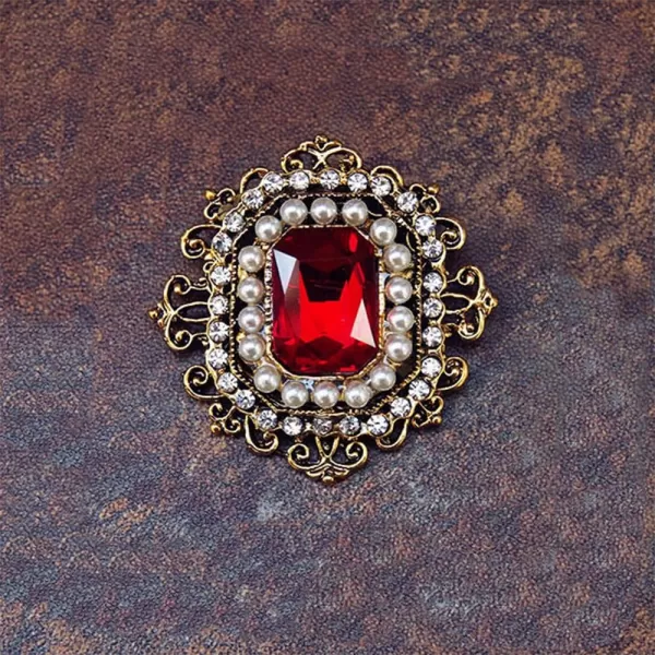 Antique Rhinestone Brooch Pin for Women Girls Gold Tone Vintage Baroque Rectangle Crystal Shell Pearl Boho Victorian Style Brooches Lapel Pins Elegant Wedding Christmas Festival Ornament Jewelry GiftRed CZ