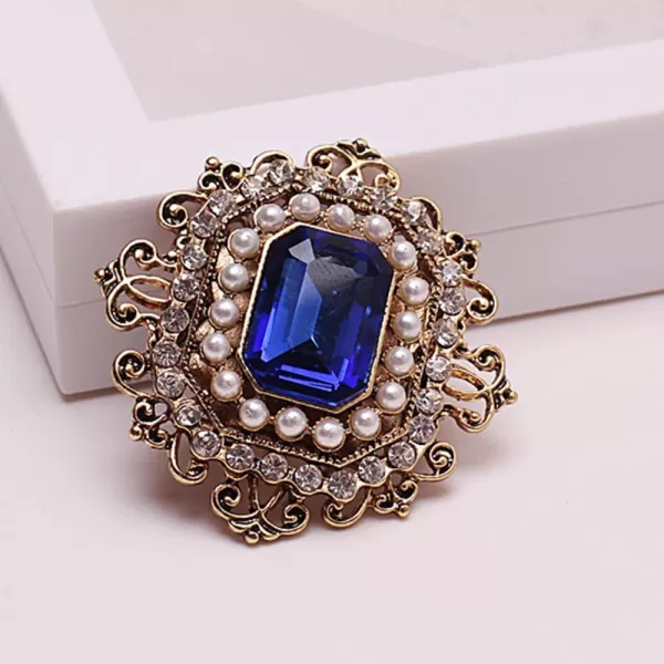 Antique Rhinestone Brooch Pin for Women Girls Gold Tone Vintage Baroque Rectangle Crystal Shell Pearl Boho Victorian Style Brooches Lapel Pins Elegant Wedding Christmas Festival Ornament Jewelry GiftBlue CZ