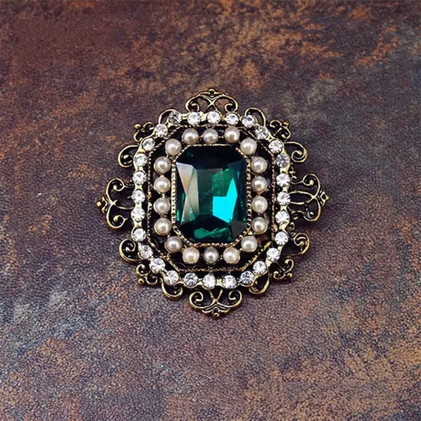 Antique Rhinestone Brooch Pin for Women Girls Gold Tone Vintage Baroque Rectangle Crystal Shell Pearl Boho Victorian Style Brooches Lapel Pins Elegant Wedding Christmas Festival Ornament Jewelry GiftGreen CZ
