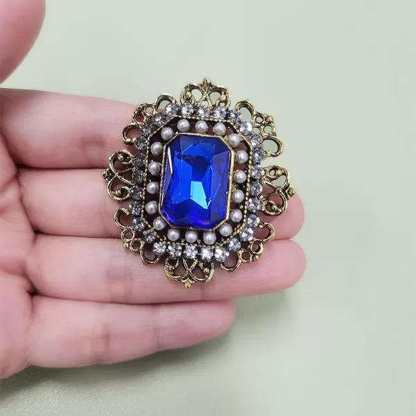 Antique Rhinestone Brooch Pin for Women Girls Gold Tone Vintage Baroque Rectangle Crystal Shell Pearl Boho Victorian Style Brooches Lapel Pins Elegant Wedding Christmas Festival Ornament Jewelry GiftBlue CZ