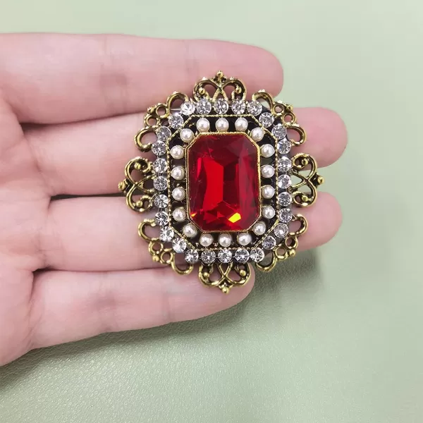 Antique Rhinestone Brooch Pin for Women Girls Gold Tone Vintage Baroque Rectangle Crystal Shell Pearl Boho Victorian Style Brooches Lapel Pins Elegant Wedding Christmas Festival Ornament Jewelry GiftRed CZ
