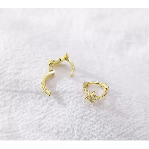 Asymmetrical CZ Star Moon Small Hoop Earrings for Women Girls Sterling Silver Charms Crystal Huggie Crescent Moon Star Cartilage Clip Cuff Stud Earrings Fashion Unique Jewelry Gifts14K Gold Plated