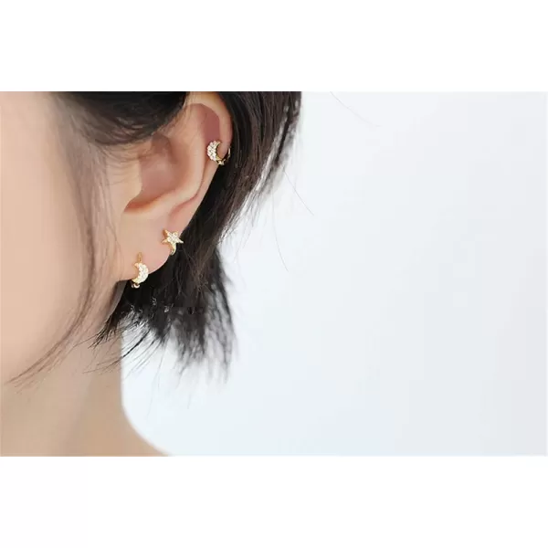Asymmetrical CZ Star Moon Small Hoop Earrings for Women Girls Sterling Silver Charms Crystal Huggie Crescent Moon Star Cartilage Clip Cuff Stud Earrings Fashion Unique Jewelry Gifts14K Gold Plated