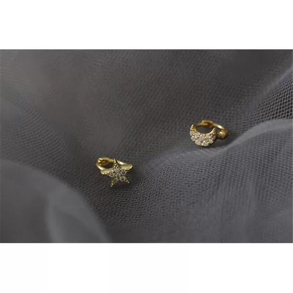 Asymmetrical CZ Star Moon Small Hoop Earrings for Women Girls Sterling Silver Charms Crystal Huggie Crescent Moon Star Cartilage Clip Cuff Stud Earrings Fashion Unique Jewelry Gifts14K Gold Plated