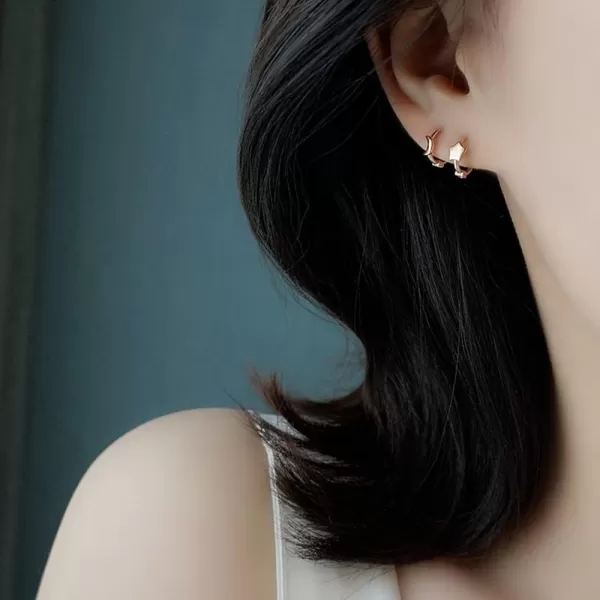 Asymmetrical Star Moon Small Hoop Earrings for Women Girls 925 Sterling Silver Charms Tiny Minimalist Crescent Moon Star Cartilage Clip Cuff Stud Earrings Fashion DelicateRose Gold Plated