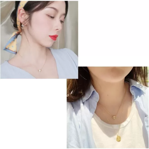Bee Gold Coin Honeycomb Pendant Choker Necklace for Women Teen Girls S925 Sterling Silver Dainty Crystal CZ Diamond Queen Bee Bumble Bee Hive BFF Necklace Long Chain Cute Animal Charm Jewelry GiftBee