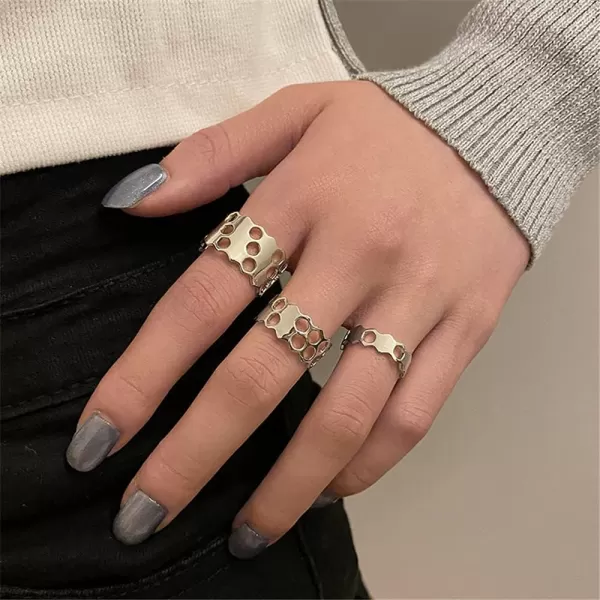 Bee Honeycomb Wide Statement Open Band Ring for Women Girls Irregular Geometric Unique Hive Adjustable Knuckle Finger Rings Comfort Fit Retro Dainty Jewelry GiftSilver