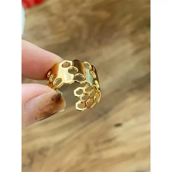 Bee Honeycomb Wide Statement Open Band Ring for Women Girls Irregular Geometric Unique Hive Adjustable Knuckle Finger Rings Comfort Fit Retro Dainty Jewelry GiftGold