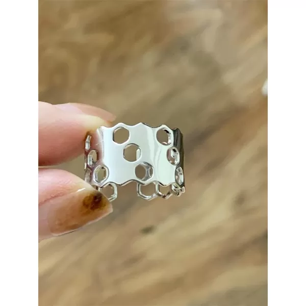 Bee Honeycomb Wide Statement Open Band Ring for Women Girls Irregular Geometric Unique Hive Adjustable Knuckle Finger Rings Comfort Fit Retro Dainty Jewelry GiftSilver