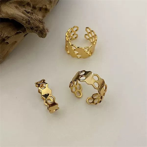 Bee Honeycomb Wide Statement Open Band Ring for Women Girls Irregular Geometric Unique Hive Adjustable Knuckle Finger Rings Comfort Fit Retro Dainty Jewelry GiftGold