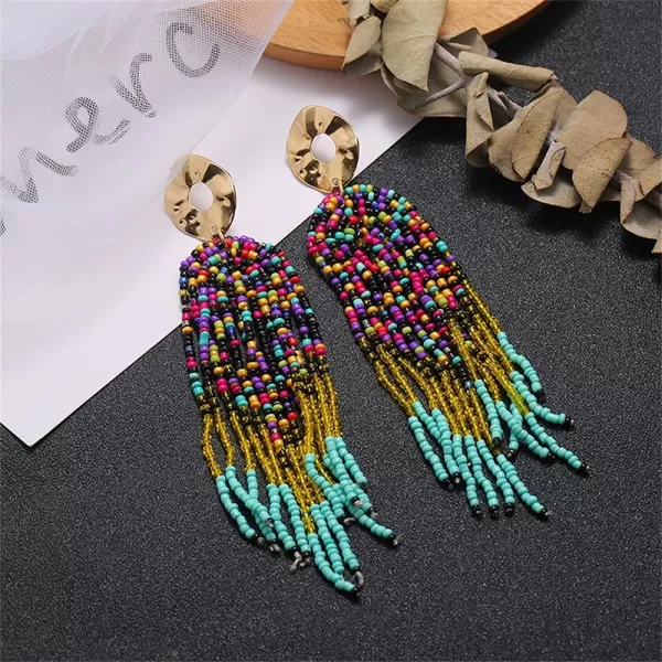 Bohemian Long Fringe Tassel Drop Dangle Earrings for Women Girls Hademade Ball Beads Chain Woven Gold Stud Statement Earring Chandelier Boho Tribal Exaggerated JewelryColorful