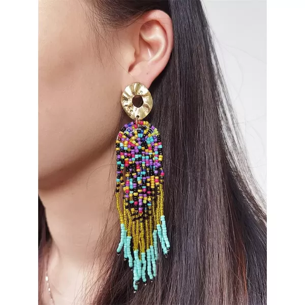 Bohemian Long Fringe Tassel Drop Dangle Earrings for Women Girls Hademade Ball Beads Chain Woven Gold Stud Statement Earring Chandelier Boho Tribal Exaggerated JewelryColorful