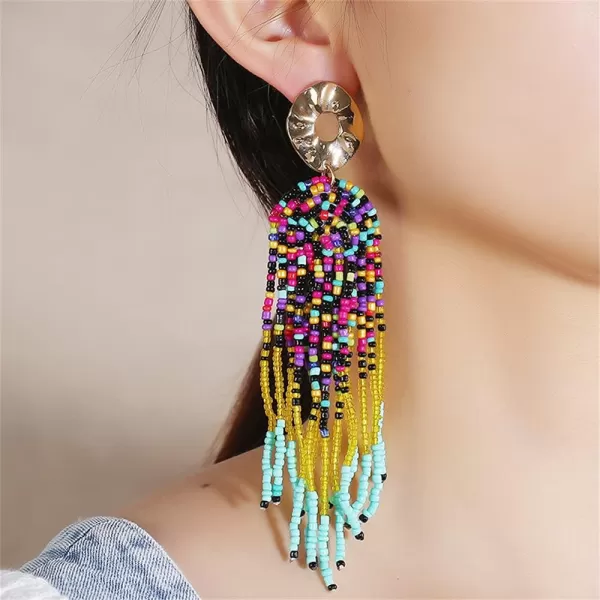 Bohemian Long Fringe Tassel Drop Dangle Earrings for Women Girls Hademade Ball Beads Chain Woven Gold Stud Statement Earring Chandelier Boho Tribal Exaggerated JewelryColorful