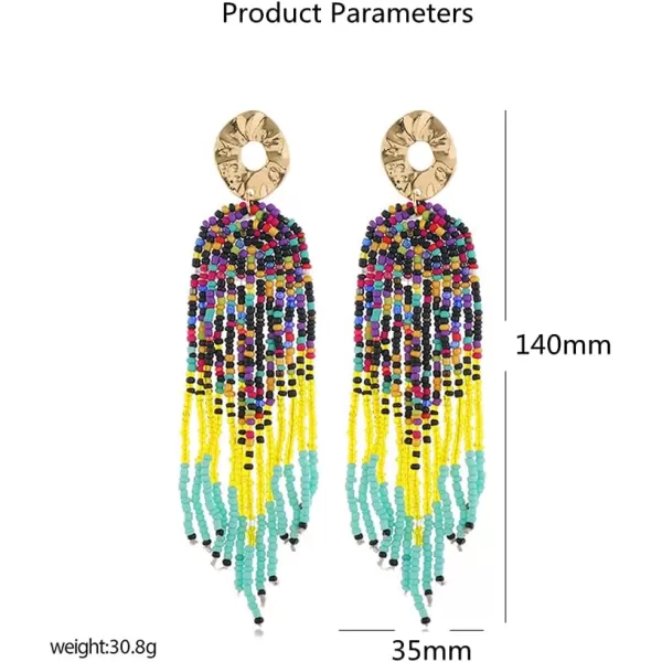 Bohemian Long Fringe Tassel Drop Dangle Earrings for Women Girls Hademade Ball Beads Chain Woven Gold Stud Statement Earring Chandelier Boho Tribal Exaggerated JewelryColorful