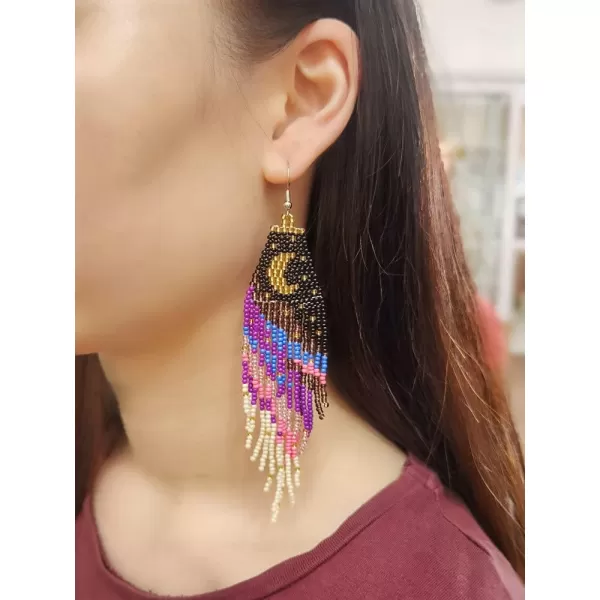 Boho Beaded Moon Long Fringe Drop Dangle Earrrings for Women Girls Handmade Colorful Ball Bead Seed Tassel Chandelier Night Sky Star Hook Stud Bohemian Native Statement Earring Delicate Y2K JewelryGold Crescent