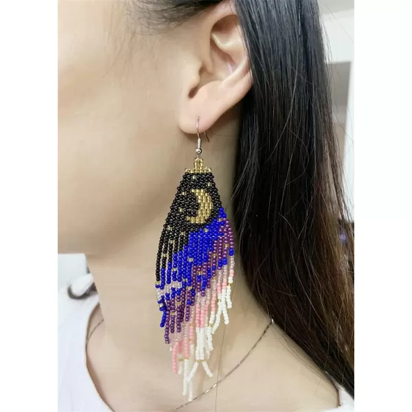Boho Beaded Moon Long Fringe Drop Dangle Earrrings for Women Girls Handmade Colorful Ball Bead Seed Tassel Chandelier Night Sky Star Hook Stud Bohemian Native Statement Earring Delicate Y2K JewelryCrescent