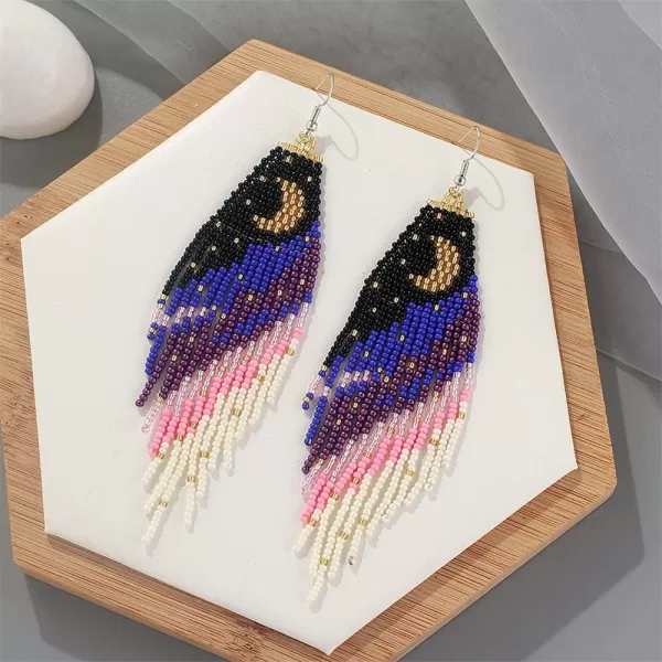 Boho Beaded Moon Long Fringe Drop Dangle Earrrings for Women Girls Handmade Colorful Ball Bead Seed Tassel Chandelier Night Sky Star Hook Stud Bohemian Native Statement Earring Delicate Y2K JewelryCrescent