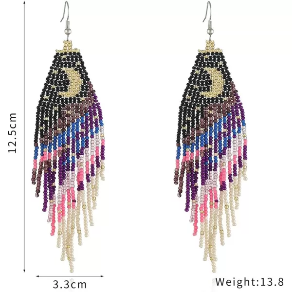Boho Beaded Moon Long Fringe Drop Dangle Earrrings for Women Girls Handmade Colorful Ball Bead Seed Tassel Chandelier Night Sky Star Hook Stud Bohemian Native Statement Earring Delicate Y2K JewelryGold Crescent