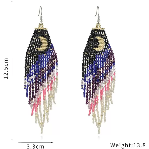 Boho Beaded Moon Long Fringe Drop Dangle Earrrings for Women Girls Handmade Colorful Ball Bead Seed Tassel Chandelier Night Sky Star Hook Stud Bohemian Native Statement Earring Delicate Y2K JewelryCrescent