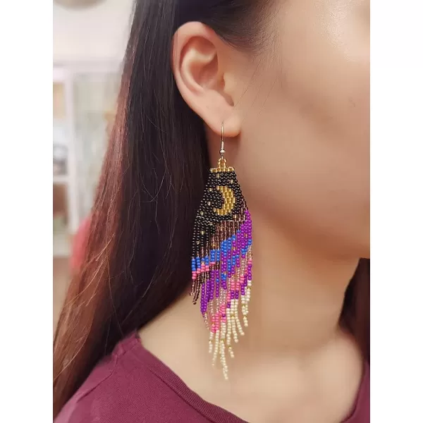 Boho Beaded Moon Long Fringe Drop Dangle Earrrings for Women Girls Handmade Colorful Ball Bead Seed Tassel Chandelier Night Sky Star Hook Stud Bohemian Native Statement Earring Delicate Y2K JewelryGold Crescent