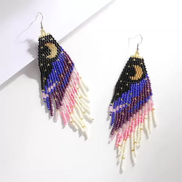 Boho Beaded Moon Long Fringe Drop Dangle Earrrings for Women Girls Handmade Colorful Ball Bead Seed Tassel Chandelier Night Sky Star Hook Stud Bohemian Native Statement Earring Delicate Y2K JewelryCrescent